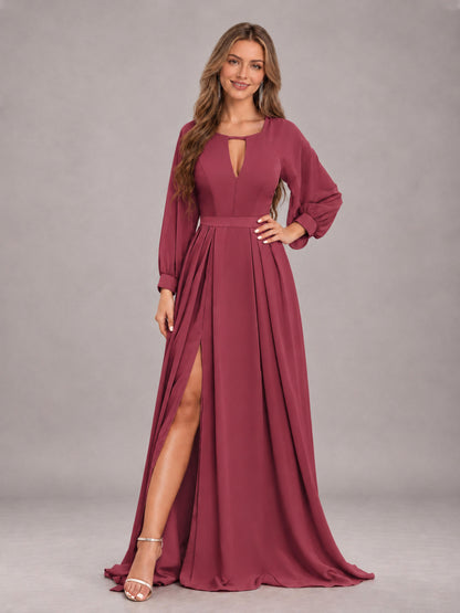 Cinnamon Rose Trendy Halter Long Sleeves Slit Floor Length Chiffon Bridesmaid Dress