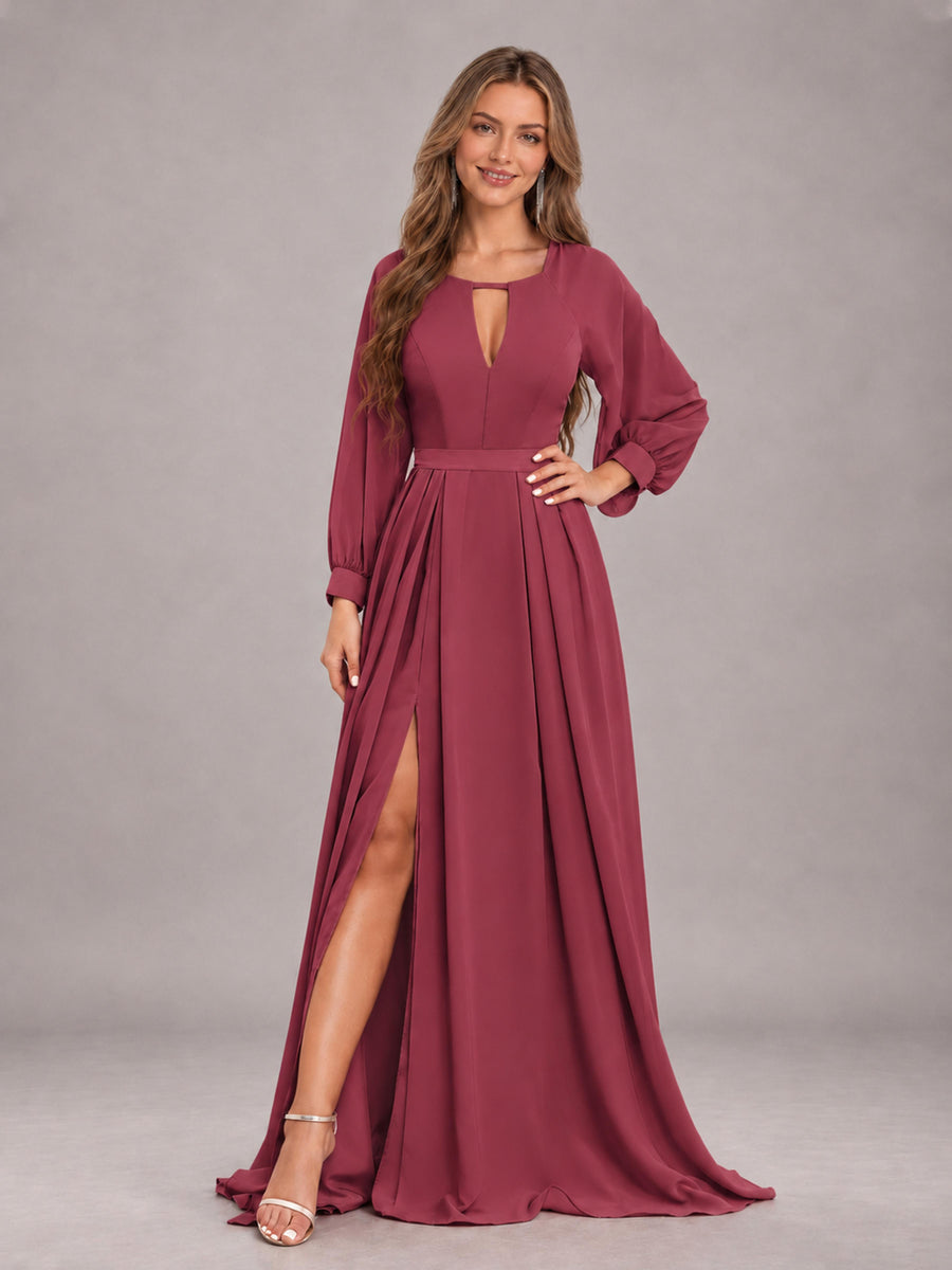 Cinnamon Rose Trendy Halter Long Sleeves Slit Floor Length Chiffon Bridesmaid Dress