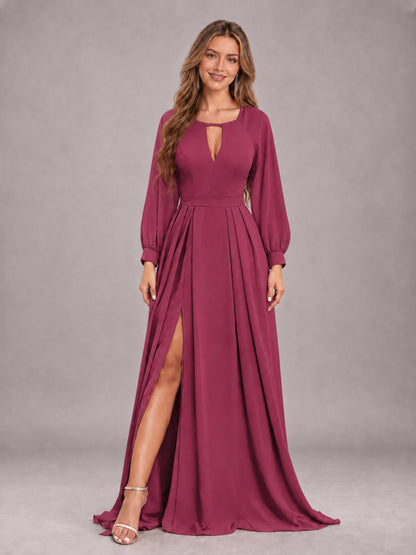 Cinnamon Rose Trendy Halter Long Sleeves Slit Floor Length Chiffon Bridesmaid Dress