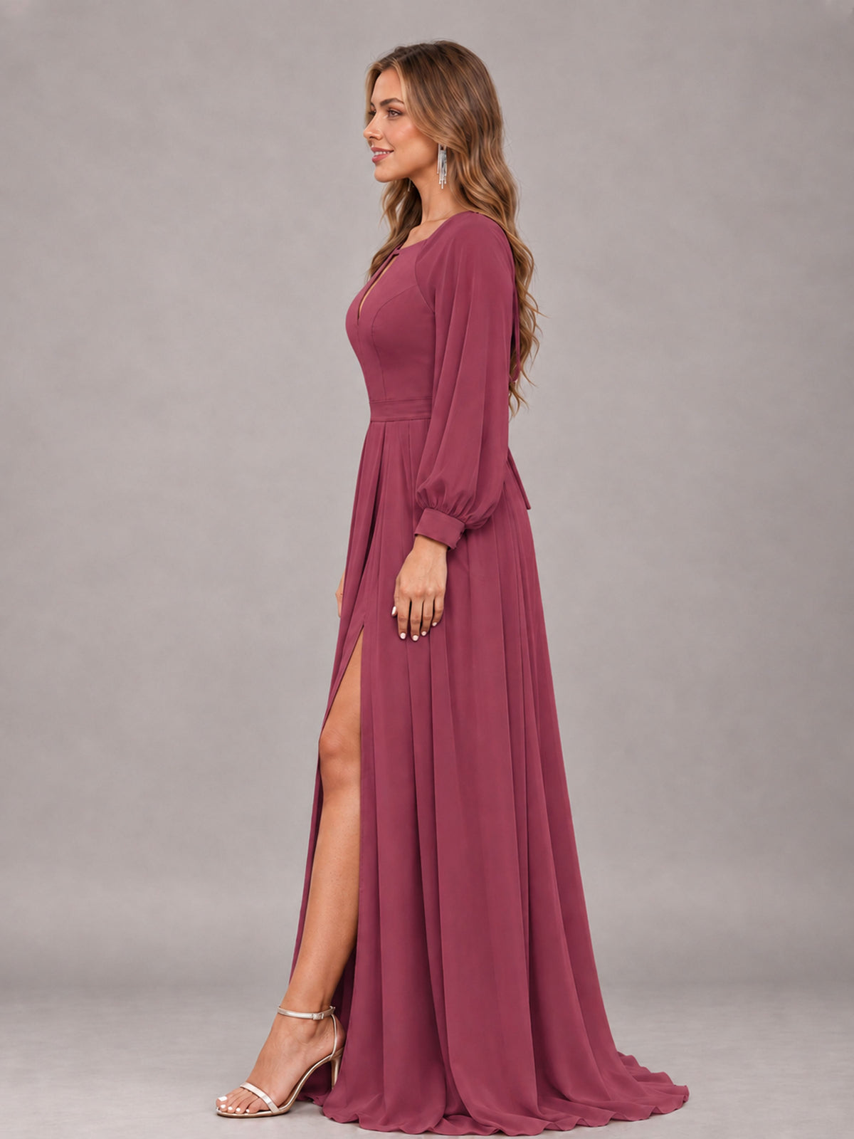 Cinnamon Rose Trendy Halter Long Sleeves Slit Floor Length Chiffon Bridesmaid Dress