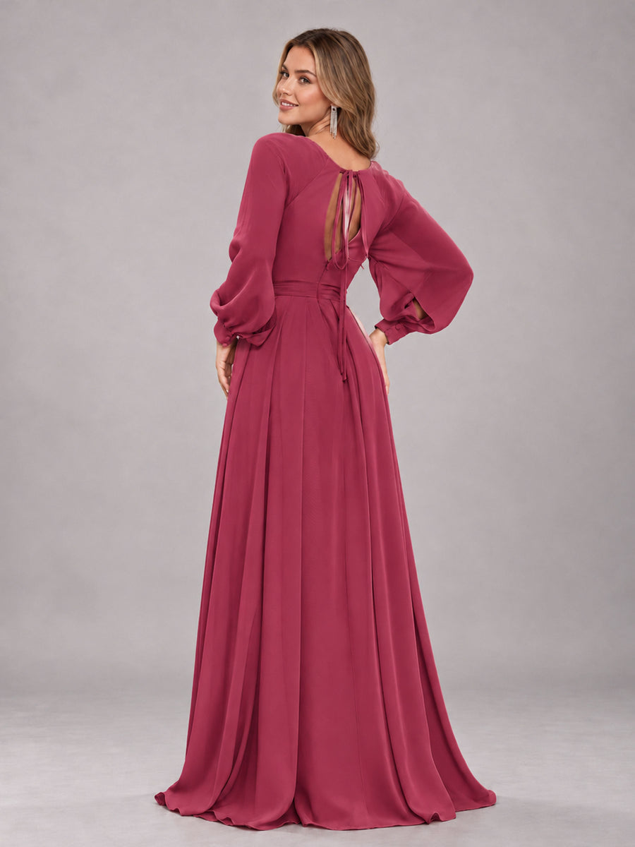 Cinnamon Rose Trendy Halter Long Sleeves Slit Floor Length Chiffon Bridesmaid Dress