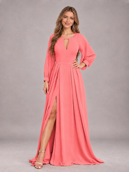 Coral Trendy Halter Long Sleeves Slit Floor Length Chiffon Bridesmaid Dress