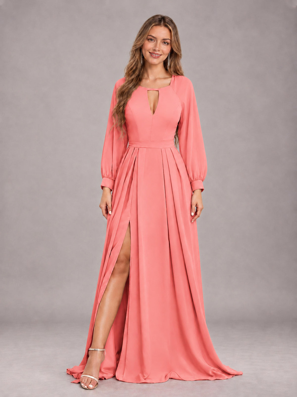 Coral Trendy Halter Long Sleeves Slit Floor Length Chiffon Bridesmaid Dress