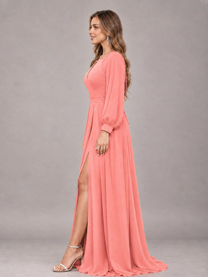 Coral Trendy Halter Long Sleeves Slit Floor Length Chiffon Bridesmaid Dress