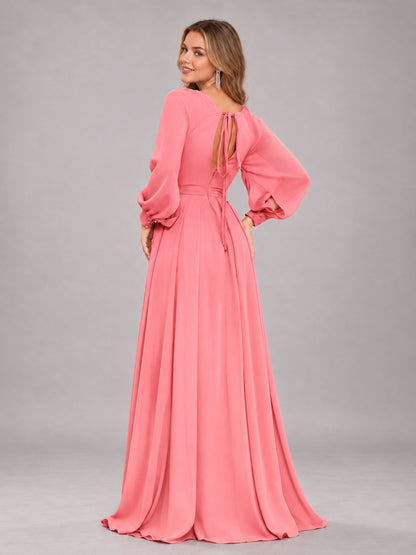 Coral Trendy Halter Long Sleeves Slit Floor Length Chiffon Bridesmaid Dress