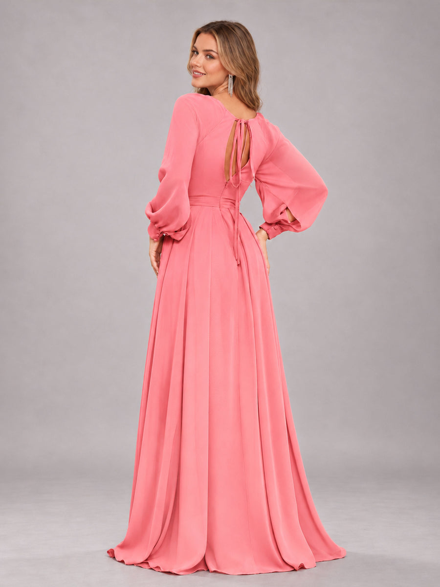 Coral Trendy Halter Long Sleeves Slit Floor Length Chiffon Bridesmaid Dress