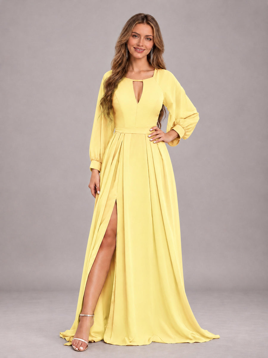 Daffodil Trendy Halter Long Sleeves Slit Floor Length Chiffon Bridesmaid Dress