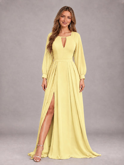Daffodil Trendy Halter Long Sleeves Slit Floor Length Chiffon Bridesmaid Dress
