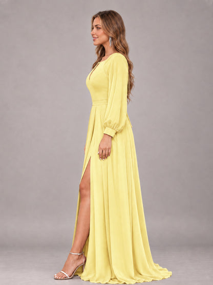 Daffodil Trendy Halter Long Sleeves Slit Floor Length Chiffon Bridesmaid Dress