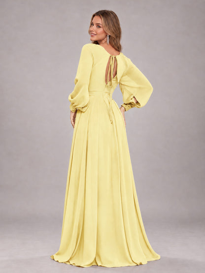 Daffodil Trendy Halter Long Sleeves Slit Floor Length Chiffon Bridesmaid Dress