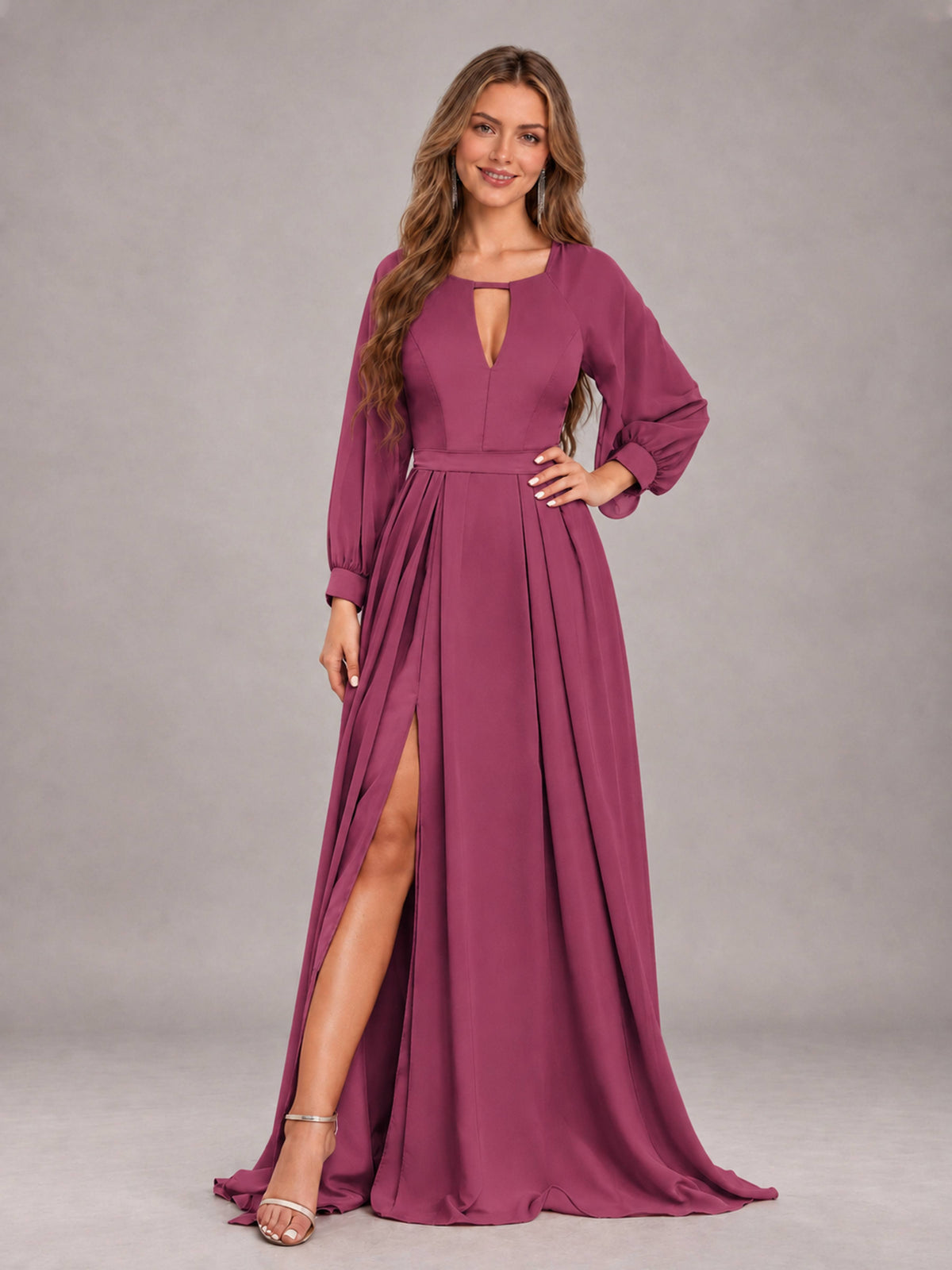 Desert Rose Trendy Halter Long Sleeves Slit Floor Length Chiffon Bridesmaid Dress
