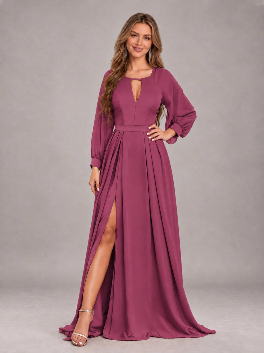 Desert Rose Trendy Halter Long Sleeves Slit Floor Length Chiffon Bridesmaid Dress