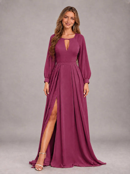 Desert Rose Trendy Halter Long Sleeves Slit Floor Length Chiffon Bridesmaid Dress