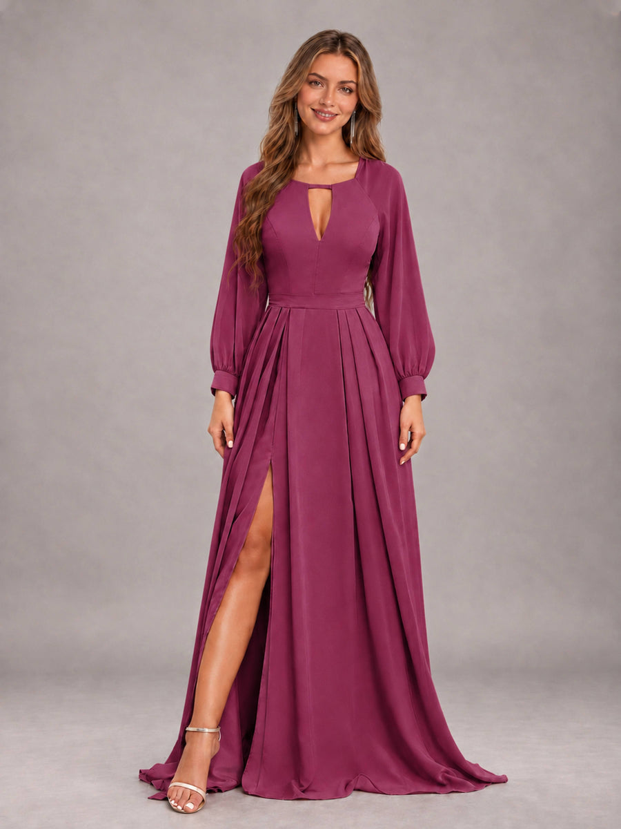 Desert Rose Trendy Halter Long Sleeves Slit Floor Length Chiffon Bridesmaid Dress