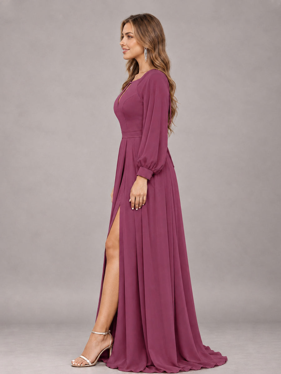 Desert Rose Trendy Halter Long Sleeves Slit Floor Length Chiffon Bridesmaid Dress