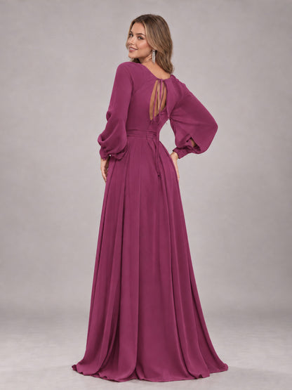 Desert Rose Trendy Halter Long Sleeves Slit Floor Length Chiffon Bridesmaid Dress
