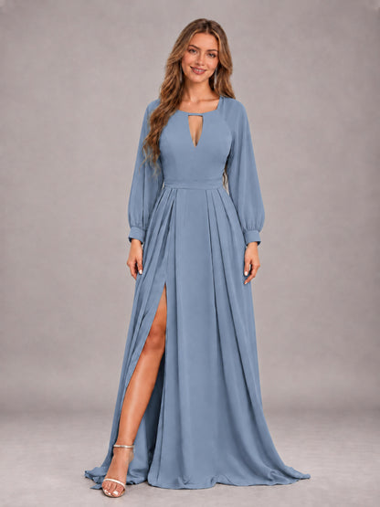 Dusty Blue Trendy Halter Long Sleeves Slit Floor Length Chiffon Bridesmaid Dress