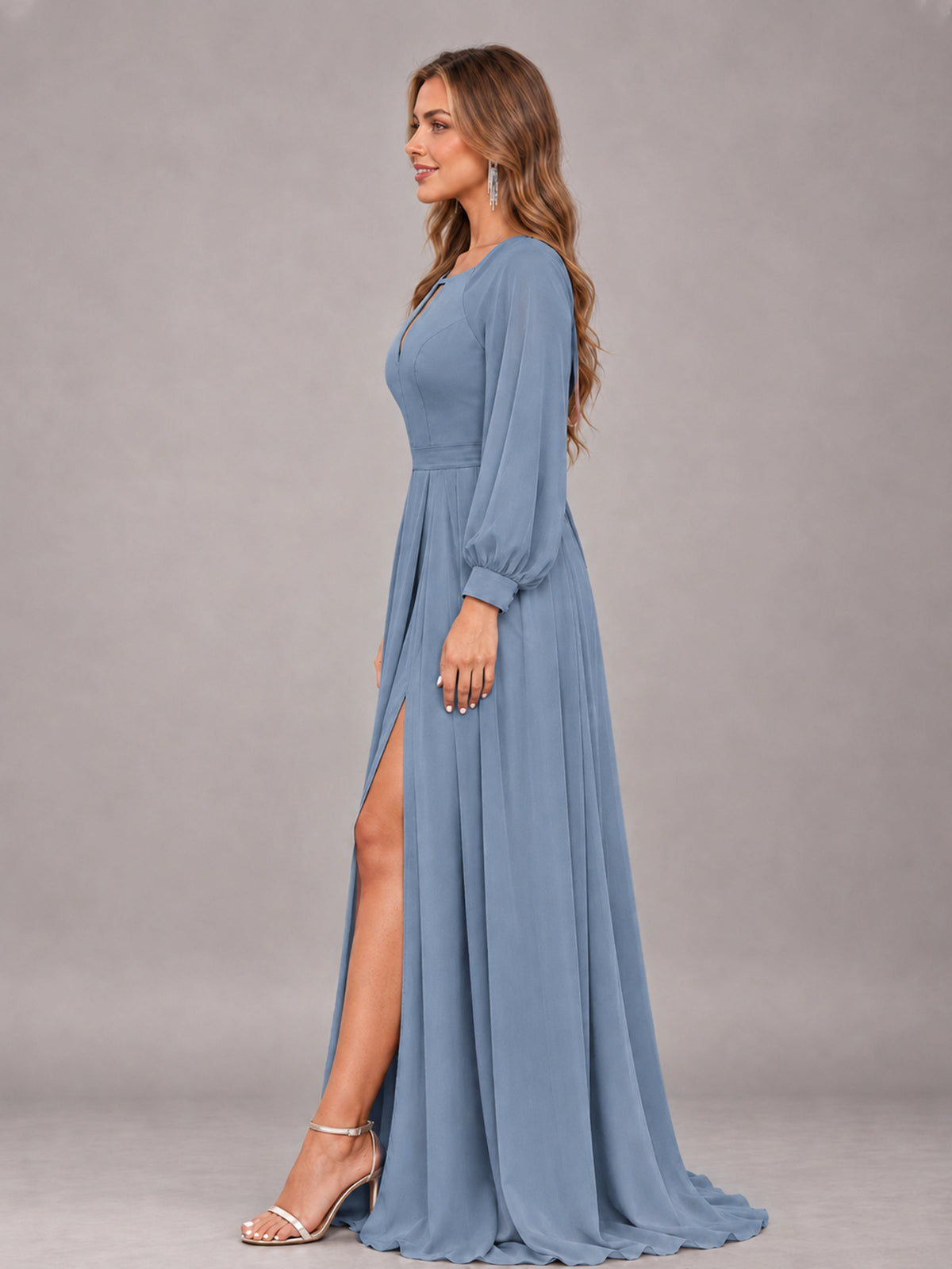 Dusty Blue Trendy Halter Long Sleeves Slit Floor Length Chiffon Bridesmaid Dress