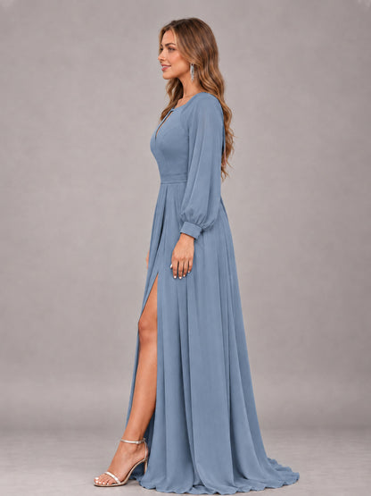 Dusty Blue Trendy Halter Long Sleeves Slit Floor Length Chiffon Bridesmaid Dress