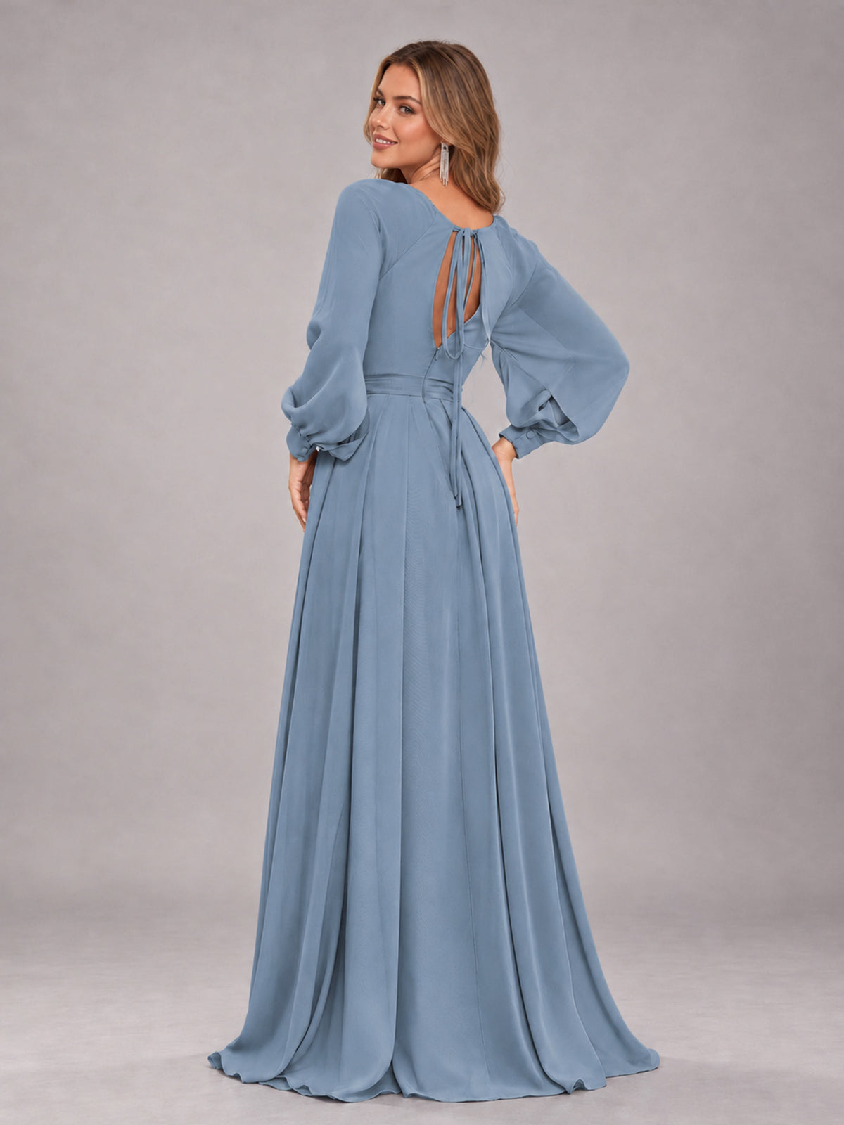 Dusty Blue Trendy Halter Long Sleeves Slit Floor Length Chiffon Bridesmaid Dress