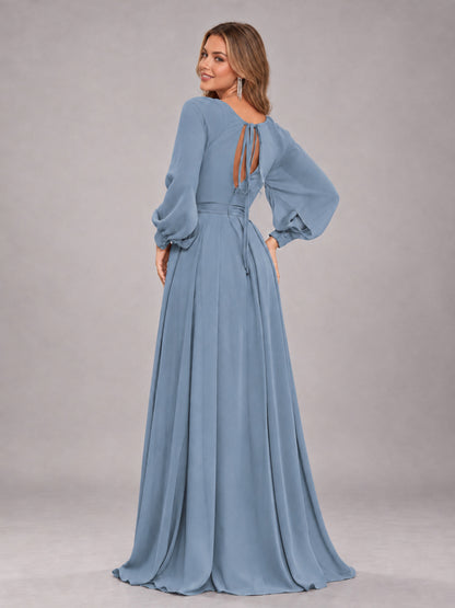 Dusty Blue Trendy Halter Long Sleeves Slit Floor Length Chiffon Bridesmaid Dress