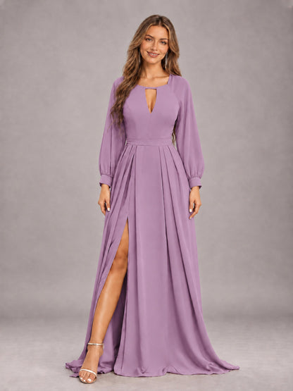 Dusty Purple Trendy Halter Long Sleeves Slit Floor Length Chiffon Bridesmaid Dress