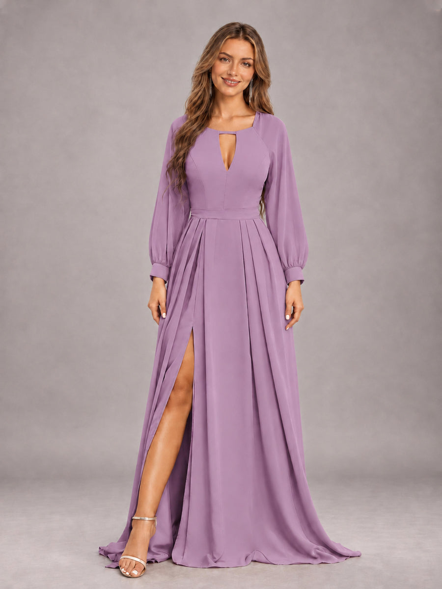 Dusty Purple Trendy Halter Long Sleeves Slit Floor Length Chiffon Bridesmaid Dress
