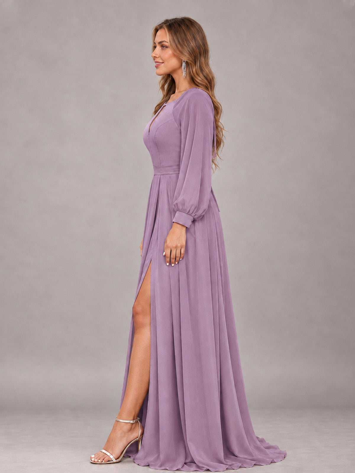 Dusty Purple Trendy Halter Long Sleeves Slit Floor Length Chiffon Bridesmaid Dress