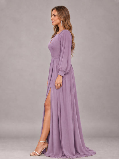 Dusty Purple Trendy Halter Long Sleeves Slit Floor Length Chiffon Bridesmaid Dress