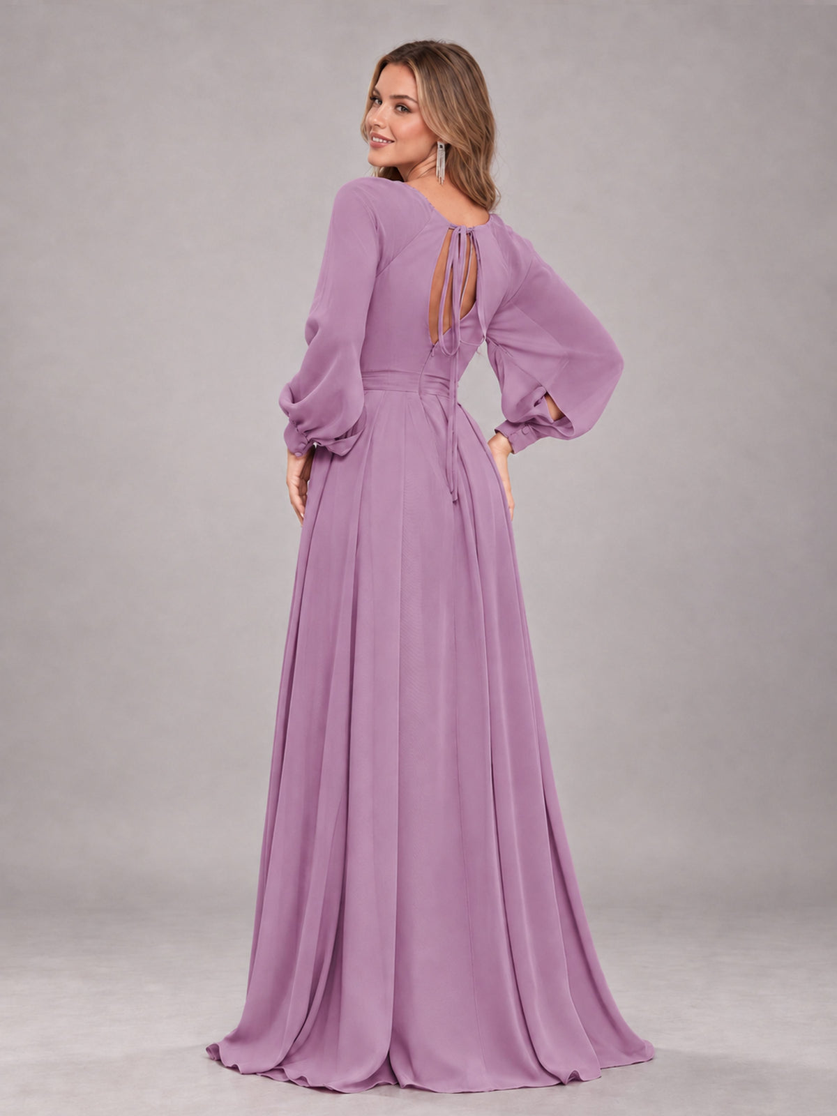Dusty Purple Trendy Halter Long Sleeves Slit Floor Length Chiffon Bridesmaid Dress