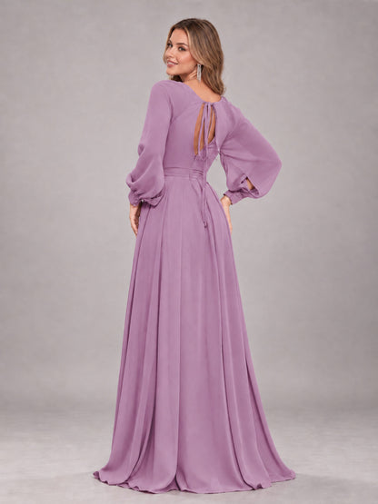 Dusty Purple Trendy Halter Long Sleeves Slit Floor Length Chiffon Bridesmaid Dress