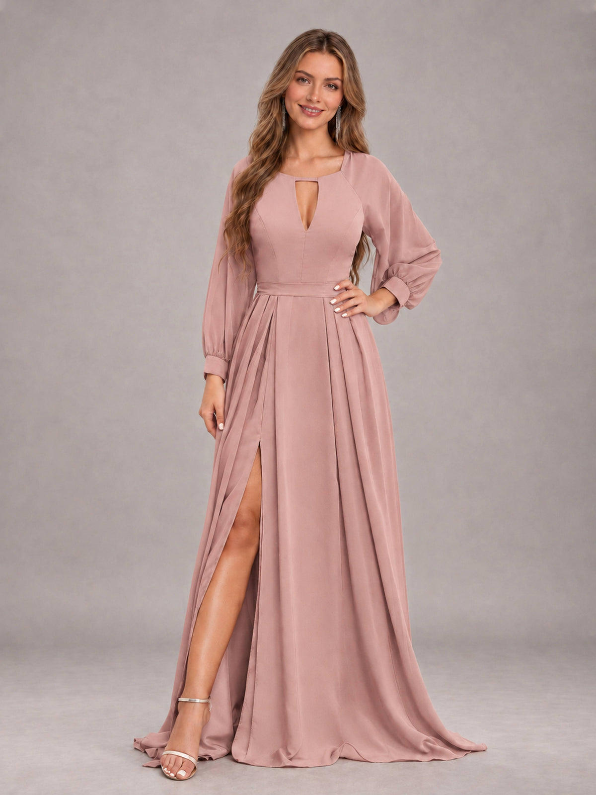 Dusty Rose Trendy Halter Long Sleeves Slit Floor Length Chiffon Bridesmaid Dress
