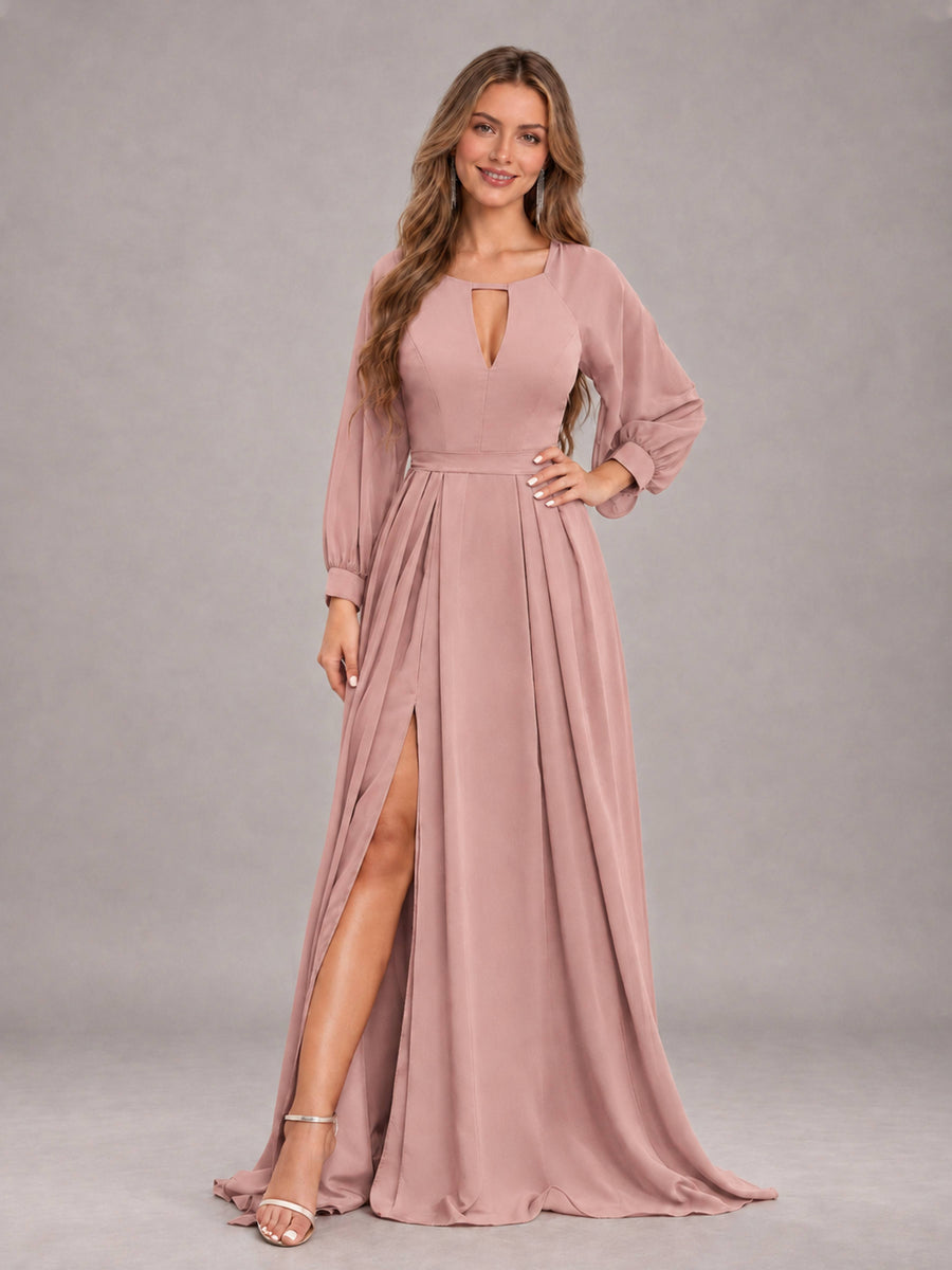 Dusty Rose Trendy Halter Long Sleeves Slit Floor Length Chiffon Bridesmaid Dress