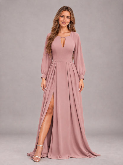 Dusty Rose Trendy Halter Long Sleeves Slit Floor Length Chiffon Bridesmaid Dress