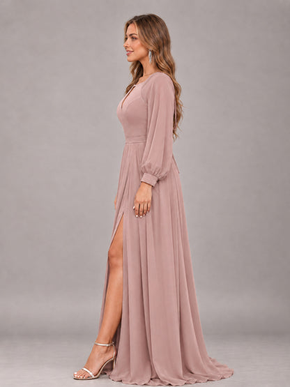 Dusty Rose Trendy Halter Long Sleeves Slit Floor Length Chiffon Bridesmaid Dress