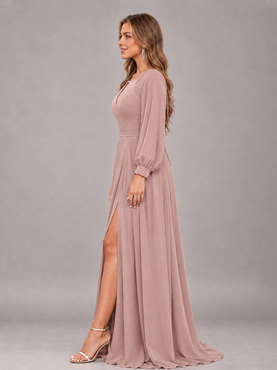 Dusty Rose Trendy Halter Long Sleeves Slit Floor Length Chiffon Bridesmaid Dress
