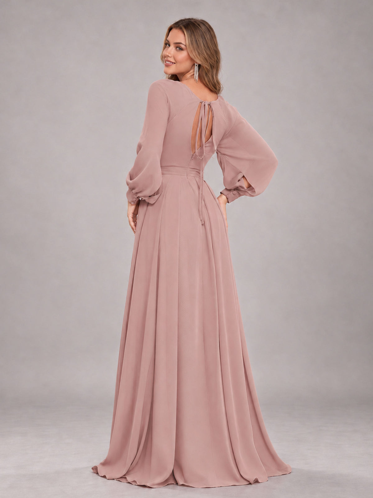 Dusty Rose Trendy Halter Long Sleeves Slit Floor Length Chiffon Bridesmaid Dress