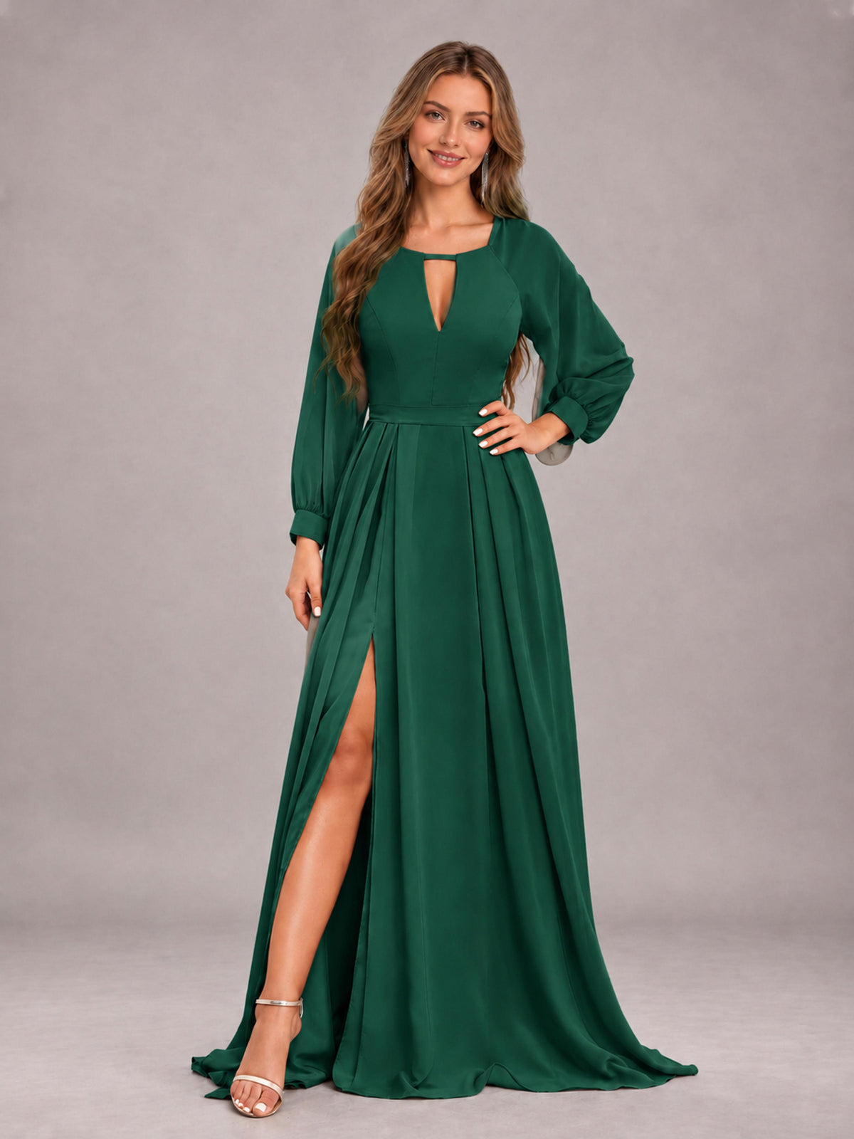 Emerald Green Trendy Halter Long Sleeves Slit Floor Length Chiffon Bridesmaid Dress