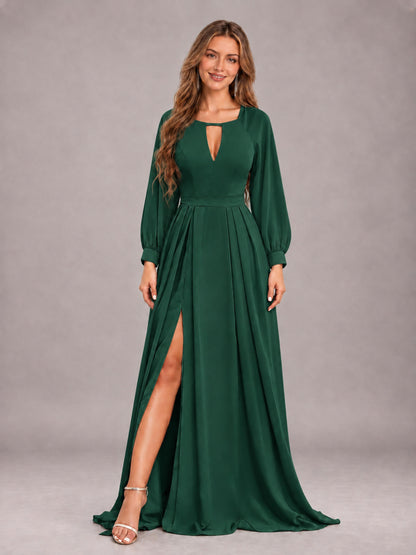 Emerald Green Trendy Halter Long Sleeves Slit Floor Length Chiffon Bridesmaid Dress