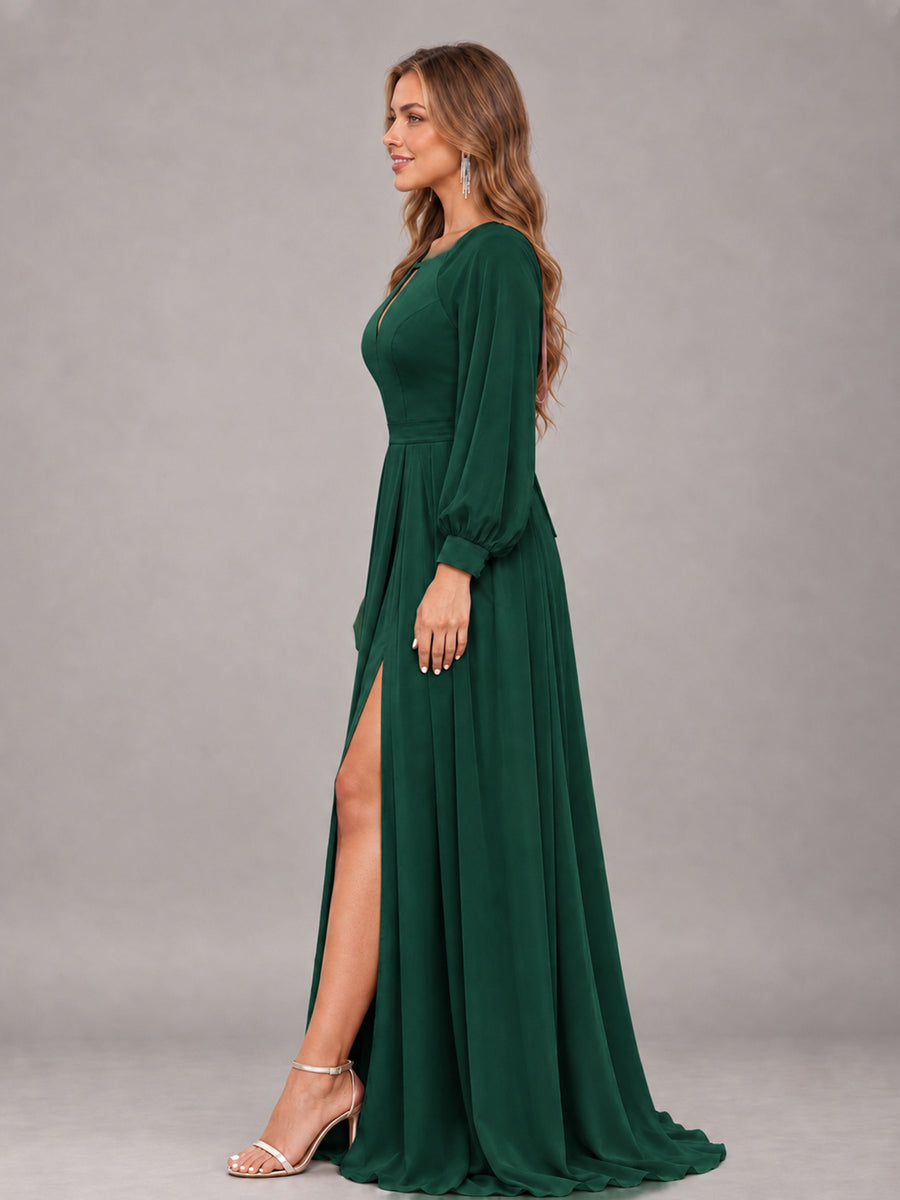 Emerald Green Trendy Halter Long Sleeves Slit Floor Length Chiffon Bridesmaid Dress