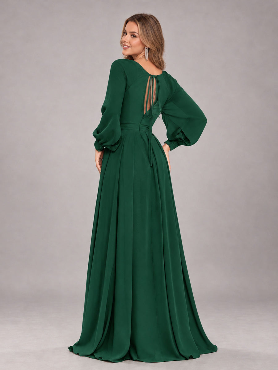 Emerald Green Trendy Halter Long Sleeves Slit Floor Length Chiffon Bridesmaid Dress