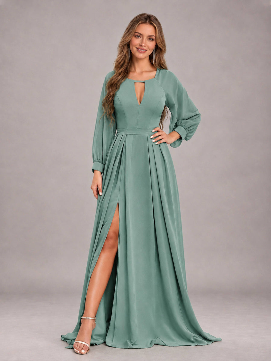 Eucalyptus Trendy Halter Long Sleeves Slit Floor Length Chiffon Bridesmaid Dress