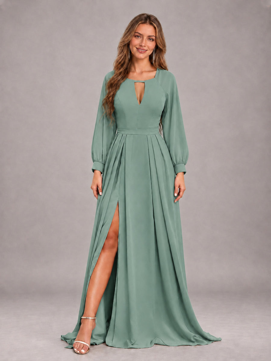 Eucalyptus Trendy Halter Long Sleeves Slit Floor Length Chiffon Bridesmaid Dress