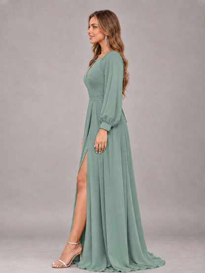 Eucalyptus Trendy Halter Long Sleeves Slit Floor Length Chiffon Bridesmaid Dress