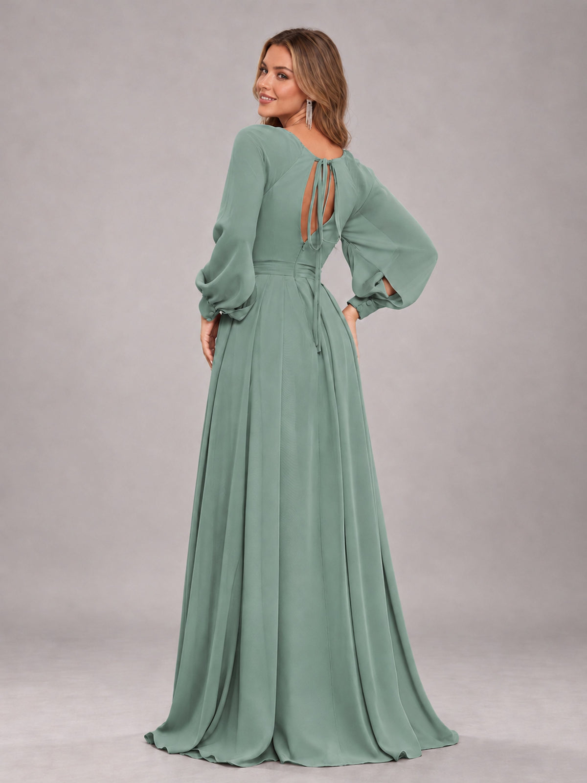 Eucalyptus Trendy Halter Long Sleeves Slit Floor Length Chiffon Bridesmaid Dress