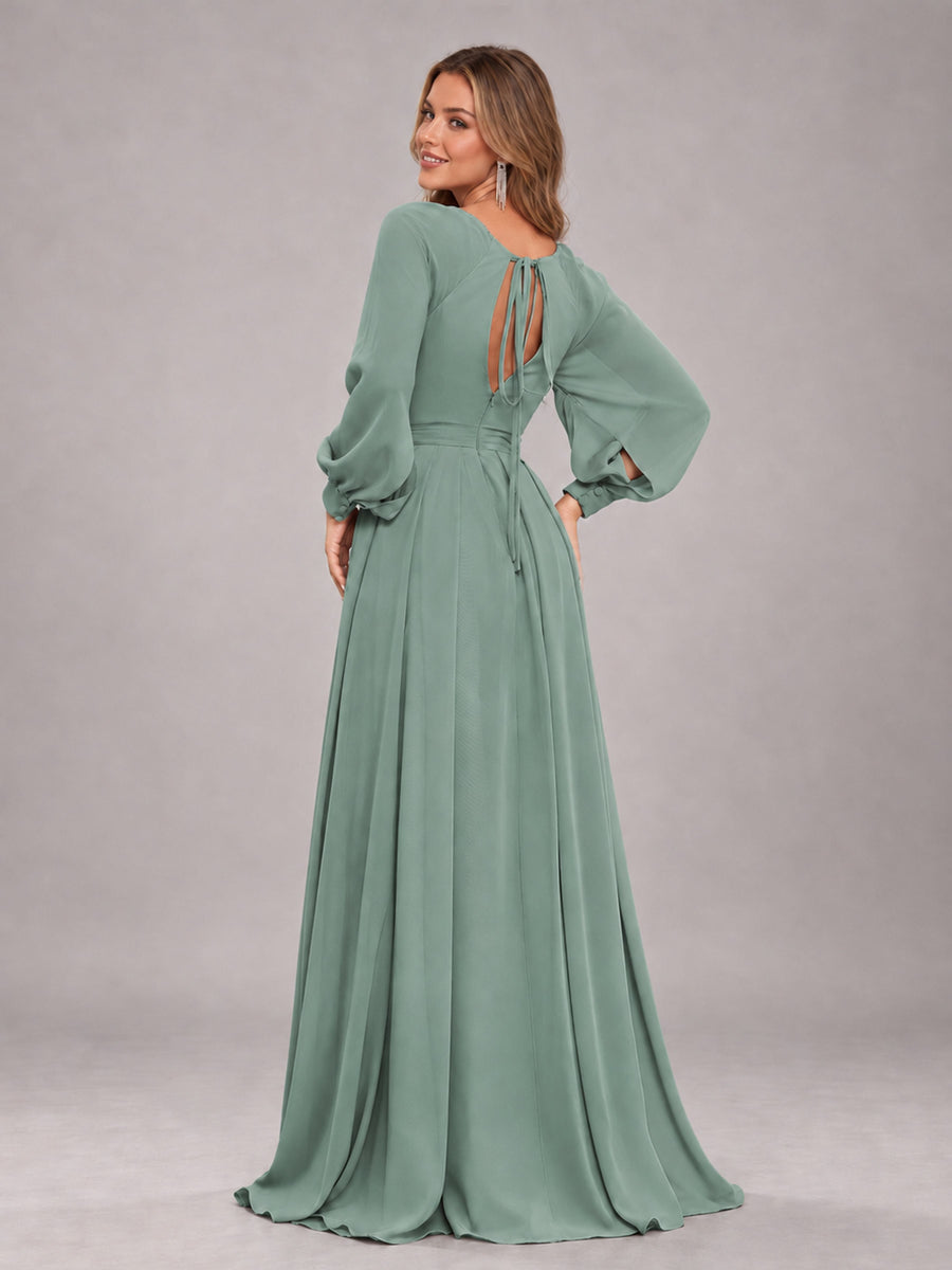 Eucalyptus Trendy Halter Long Sleeves Slit Floor Length Chiffon Bridesmaid Dress