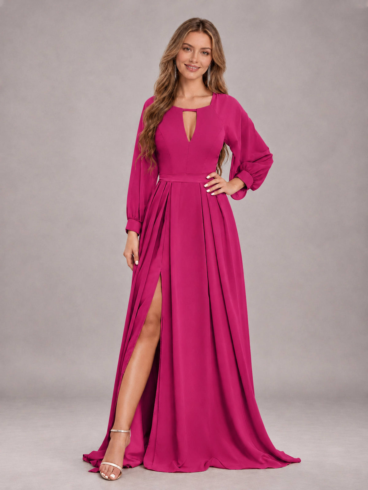 Fuchsia Trendy Halter Long Sleeves Slit Floor Length Chiffon Bridesmaid Dress