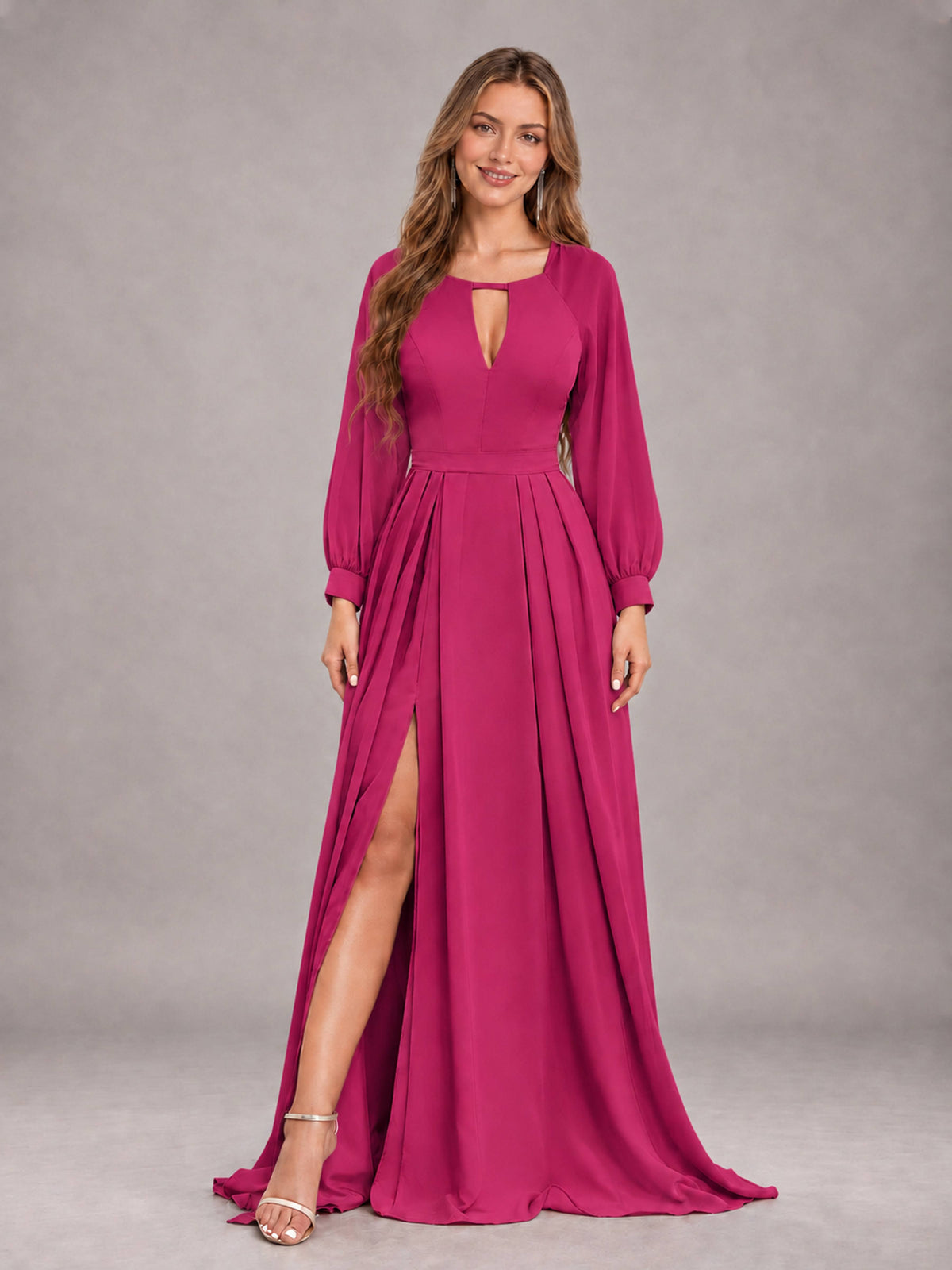 Fuchsia Trendy Halter Long Sleeves Slit Floor Length Chiffon Bridesmaid Dress