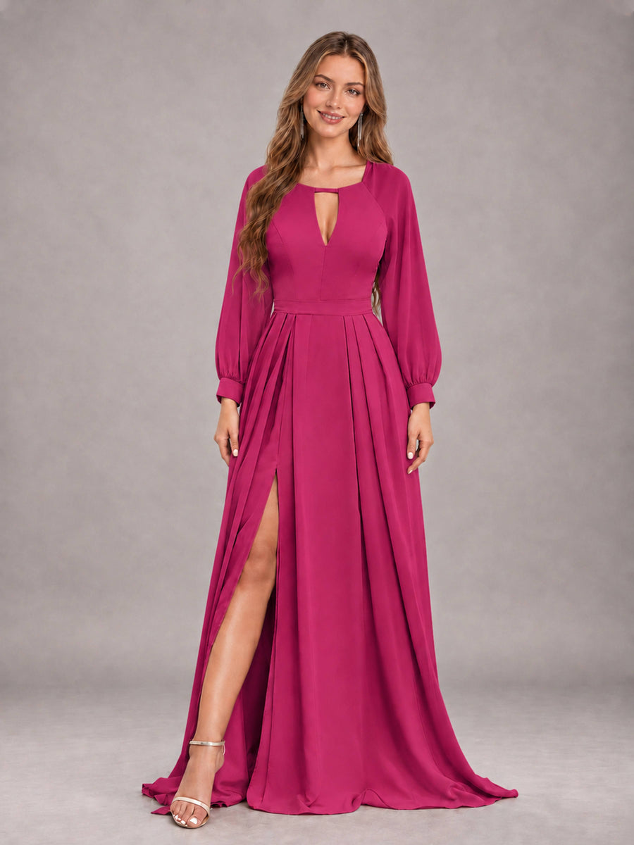 Fuchsia Trendy Halter Long Sleeves Slit Floor Length Chiffon Bridesmaid Dress