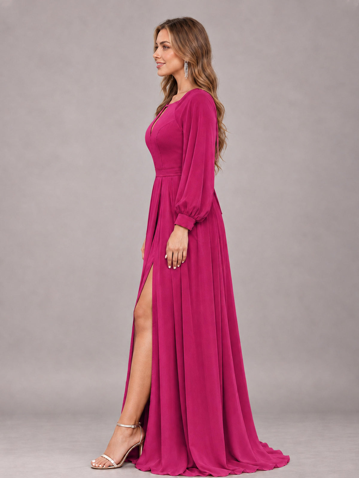 Fuchsia Trendy Halter Long Sleeves Slit Floor Length Chiffon Bridesmaid Dress